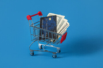 Wall Mural - Shopping cart with credit card and dollar banknotes on blue background