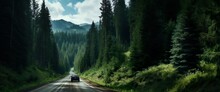 A car is moving on a road. High altitude conifer pine forest. Journey through mountain Pines