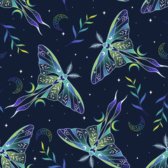 Wall Mural - Seamless magic green vector pattern. Moon moth, herbs, stars. Bohemian fabric design. 