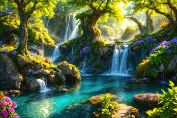 Wall Mural - Beautiful landscape with waterfalls and flowers, magical idyllic background with many flowers in Eden.