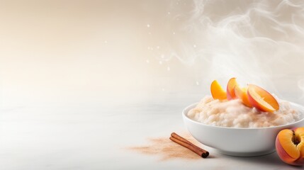 A bowl of steaming oatmeal topped with sliced peaches and a sprinkle of cinnamon.