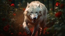  A White Wolf Walking Through A Forest Filled With Red Roses.  Generative Ai