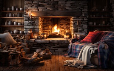 Wall Mural - A cozy cabin living room with a stone fireplace, log walls, and cozy plaid blankets. Generative AI