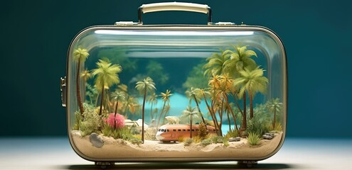 open travel suitcase with exotic destination inside
