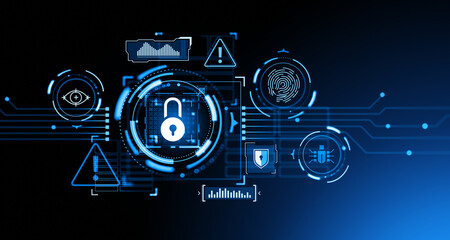 Poster - Glowing cybersecurity dashboard with big business data and statistics icons