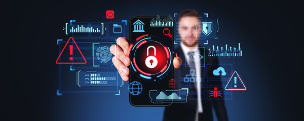 Poster - Man showing smartphone with cybersecurity icons