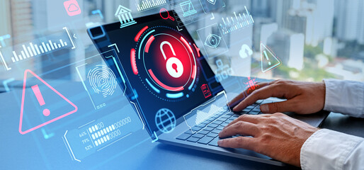 Poster - Man hands with laptop and cybersecurity icons