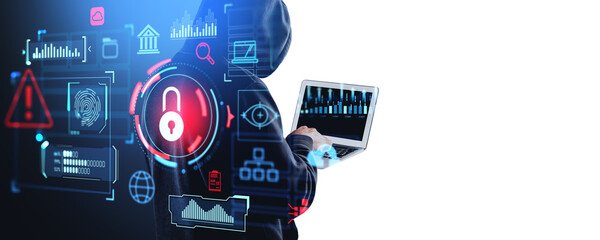 Poster - Hacker using laptop, digital cybersecurity chart with icons. Copy space