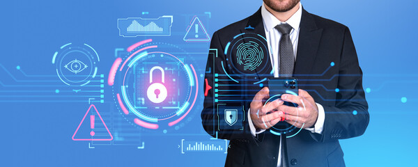 Poster - Businessman using smartphone, digital cybersecurity chart with big business data