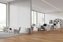 White Office Interior With Relax And Coworking Corner With Window. Mockup Wall