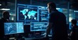 IT security specialists in a high-tech command center, analyzing intricate cyber patterns
