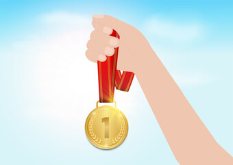 Wall Mural - Hand Holding Gold Medal in Blue Sky Background. Champion and Winning Concept. Vector Illustration.