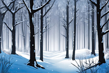 Wall Mural - Snow anime woodland tress forest background in Winter, generated ai