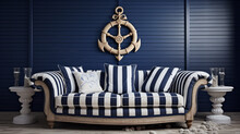Nautical Charm: A Navy Blue And White Striped Sofa And A Driftwood Coffee Table Create A Coastal Vibe In This Room Seashell Decorations And A Ship Wheel On The Wall Complete The Nautical Theme