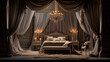 Romantic Boudoir An intimate and romantic space with velvet drapes, a canopy bed, and plush seating for two Crystal chandeliers provide soft lighting