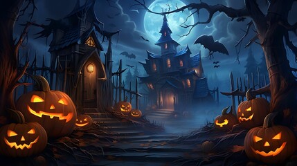 Wall Mural - Halloween background with pumpkins and haunted house. Halloween background with Evil Pumpkin. Spooky scary dark Night forrest. Holiday event halloween banner background concept