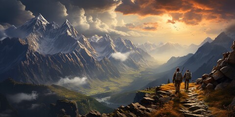 Wall Mural - Hiker with backpack standing on top of a mountain and looking at the valley.
