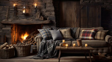 Rustic Comfort A Cozy Space Features A Plaid Sofa, A Wooden Coffee Table With Visible Grain, And A Stone Fireplace Antique Lamps And Woven Throw Blankets Add Rustic Charm