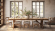Rustic Farmhouse Dining Room A farmhouse-style dining room with a long wooden table, ladder-back chairs, and fresh flowers