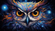 Galactic owl with eyes shimmering like twin galaxies.   AI generative