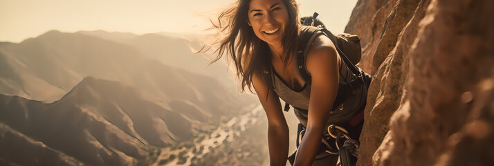 Climber near the mountain top, beautiful landscape in the sun - The Climbing Sports Series