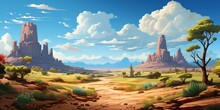 Canyon Desert Landscape With Road Perspective. Sandy Valley With Cacti And Rocky Stone Walls Under Blue Sky With Clouds, Sun Flares, Summer Travel To The West