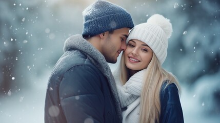 Young man in jeans clothes holding pretty young blond woman in winter white hat and sweater on the ice rink. Snow background. : Generative AI