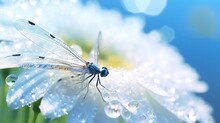 Macro Dragonfly Coenagrion Puella On A Daisy Flower In Dew Drop A Sunny Day : Generative AI