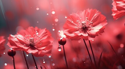 Fototapete - Flowers and water drops. Romantic summer floral red light color background. Beautiful blooming spring flower, dew, rain water drops 3D macro background. Nature soft focus bokeh flowers : Generative AI