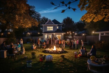 Sticker - Suburban backyard, twilight, children in various Halloween costumes, gathering around a fire pit, toasted marshmallows, laughing, parents supervising from a distance