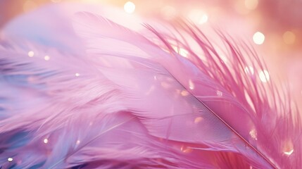 Poster - Feather pink bird with sparkles and transparent drop of dew water sparkles in the rays of bright light close-up macro. Glamorous sophisticated airy artistic image on a soft blurred bac : Generative AI