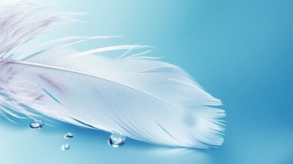 Fototapete - White light airy soft bird feather with transparent fresh drops of water on turquoise blue background close-up macro. Delicate dreamy exquisite artistic image of the purity and fragili : Generative AI