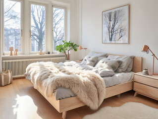 serenity of a Scandinavian-inspired bedroom adorned with light wood furniture, pristine white walls, and a snug bed dressed in soothing neutral bedding. The space is tastefully adorned with minimalist