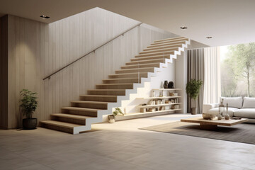 Wall Mural - Wooden stairway leading to second floor of modern luxury apartment with minimalist interior design. AI generated