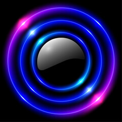 Aufkleber - Shiny button with circle light neon glowing rings on black background, purple blue concentric laser light circles.