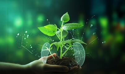 Agricultural technologies for growing plants and scientific research in the field of biology and chemistry of nature. Living green sprout in the hands, Generative AI 