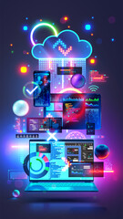 Leinwandbilder - Digital computer technology concept. Software development. Internet cloud technology. Laptop, tablet, phone, elements interface in cyberspace. Design UX UI interface. Software dev vertical banner.