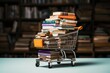 Books serve as an unconventional base for a parked shopping cart