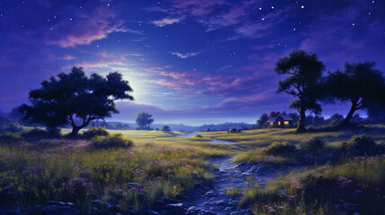 Wall Mural - night landscape with full moon and small cabin in forest