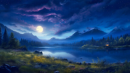Wall Mural - night landscape with full moon and small cabin by the lake in mountains