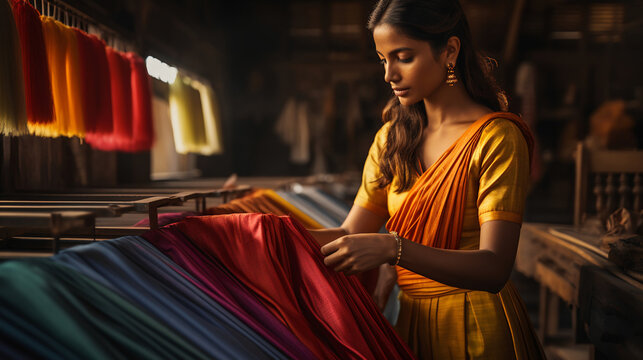 Indian woman choosing clothes at market
