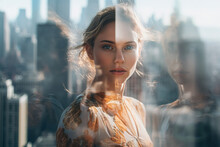 Creative Double Exposure Portrait Of Fashion White Woman On Abstract Modern City Urban Background. The Concept Of A Successful, Confident, Feminine And Beautiful Female.
