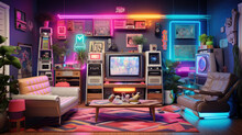 Retro Living Room Filled With Iconic '80s Pop Culture Items Like Cassette Tapes And Arcade Games