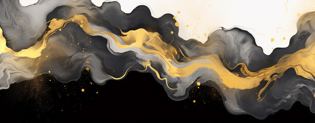 Canvas Print - abstract background, painterly golden black ink on white. Generative Ai