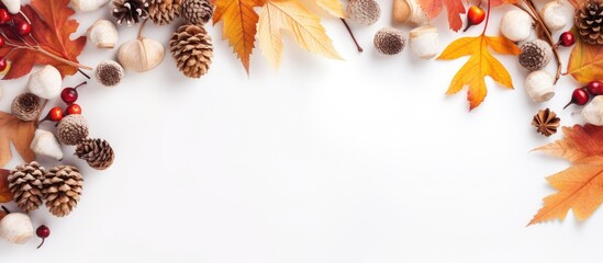 Wall Mural - fall themed arrangement with dried foliage cones and a white frame against a pastel isolated pastel 