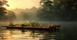 Bamboo raft floating gently down a serene river at dawn