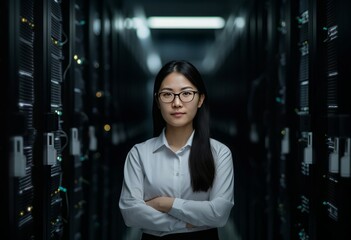 Poster - Asian engineer server room data. Generate Ai