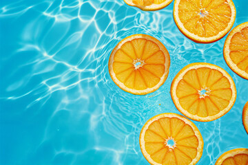 Orange slices floating in a pool of blue water