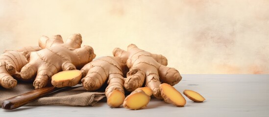 Poster - Ginger root slices on cutting board isolated pastel background Copy space