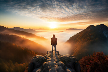 Rear view of happy a young man on the mountain peak looking on mountain background,backpack camping.